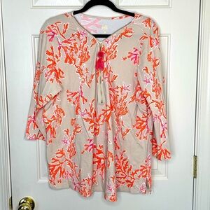 Belle by Kim Gravel Coral Reef Print Blouse Tassel Tie Beige Pink Orange | CL